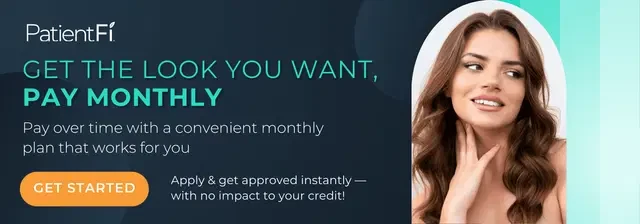 PatientFi advertisement showing a smiling woman and text that reads: Get the look you want, pay monthly. Pay over time with a convenient monthly plan that works for you. Button labeled Get Started. Apply and get approved instantly with no impact to your credit.
