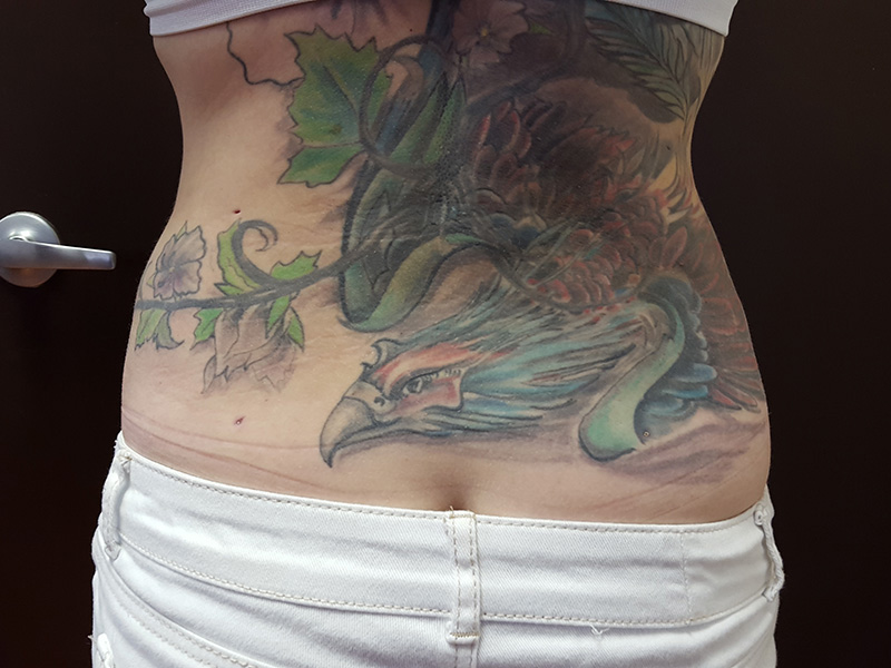 Tattoo of a bird and snake with leaves on the lower torso above white shorts
